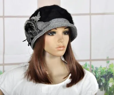 M98 Black Grey Faux Rabbit Fur Wool 2-Tone Brim Hat Beanie Newsboy Cap Women's • $16.27
