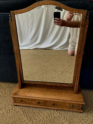Antique Style Solid Oak Arts And Crafts Dresser Top Shaving Mirror With 2 Drawer • $325