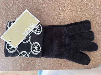 Michael Kors Cuff Monogram Black/White MK Logo Knit Gloves Women OS • $20