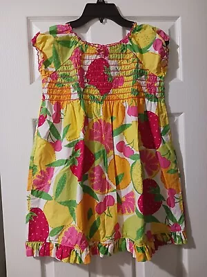 Hanna Andersson Girls 10 Yellow Pink Smocked Short Sleeve Fruit Print Dress EUC • $14