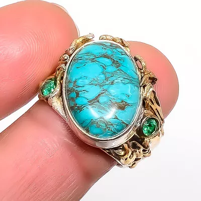 Turquoise - Hachita Mines & Quartz 925 Sterling Silver Two Tone Ring S.7.5 T912 • $15.29