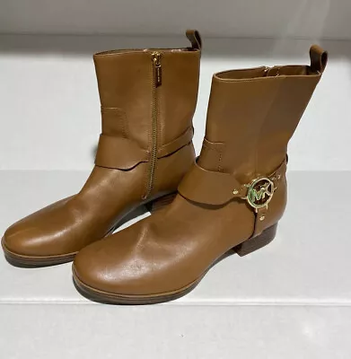 New Michael Kors LOGO Fulton Harness TAN Leather Ankle Boots 6.5 Luggage • $69.99