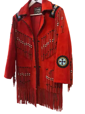 Womens American Native Western Style Red Suede Leather Jacket Fringed & Beaded • $98.99