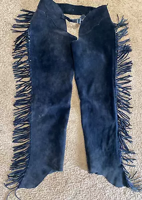 Sm/med Black Western Suede Leather Fringe Show Chaps W Rose Berry Concho 31- 34 • $50