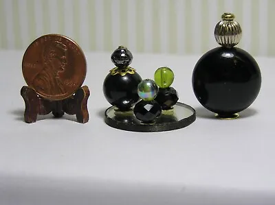 Miniature Dollhouse Perfume Bottles W/ 1  Round Mirror/ Black 4 Bottles 003 • $4.79