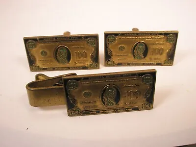 $100 Dollar Bill Cash Currency Vintage Cuff Links & Tie Bar Clip Paper Money • $42.49