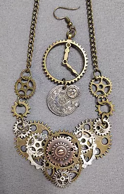 Steampunk Necklace Gear Clock Face Chain + 1 Earring Sci-Fi  Cosplay Costume • $9.99