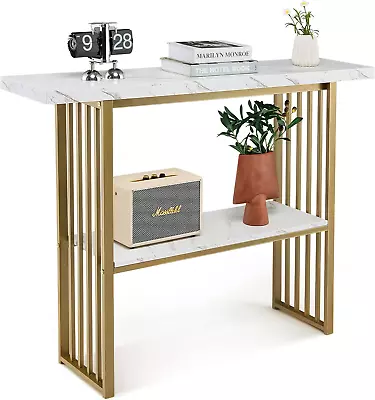 Gold Console Table 2 Tier 48” Narrow Sofa Table With White Faux Marble Top Gol • $121.99
