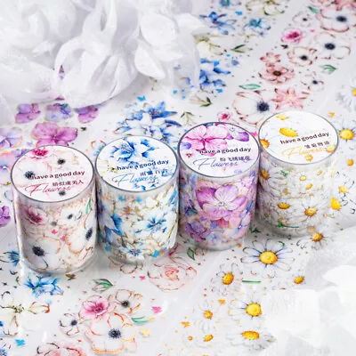 Flowers Blooms Holographic PET Adhesive Masking Tape Journals Card DIY Stickers • £3.35