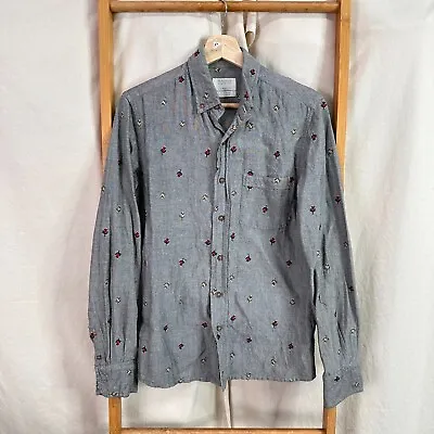 Vanishing Elephant Button Up Shirt Mens Small Grey Rose Print Long Sleeve • $14.95