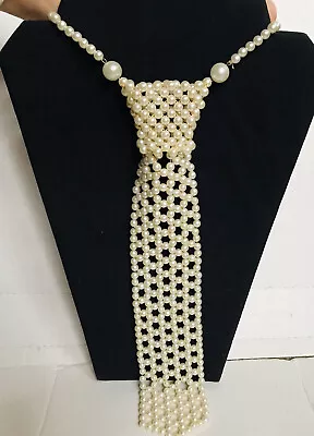 Vintage Hong Kong Collar Statement Necklace Faux Pearl Bead Necktie Tie • $17.95