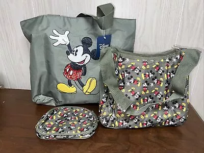 Disney Mickey Mouse Bag 3 Piece Set Tote Lunch Sack Purse Cosmetic Sequin Green • $24.99