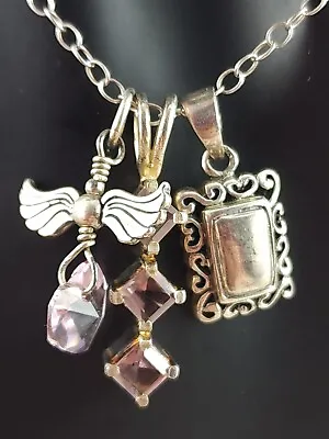 Solid Sterling Silver Light Purple Gemstone Angel Wings Heart Necklace 9.4 Grams • $30