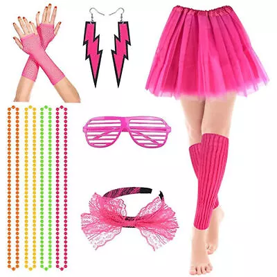 Neon Tutu Set Skirt Gloves Leg Warmers Beads Women 80s Fancy Dress Punk Club • $28.46