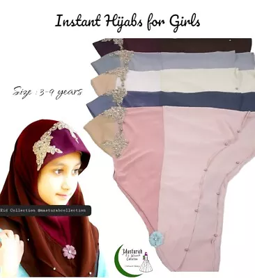 Kids/Girls Instant Hijabs Pull On Scarf Hijab Khimar One Piece Fancy Dual Colour • £6.90