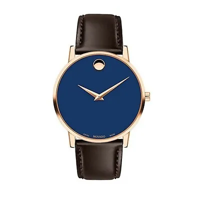 MOVADO Swiss Men's Museum Classic PVD Gold Blue Dial Brown Strap Watch • $335
