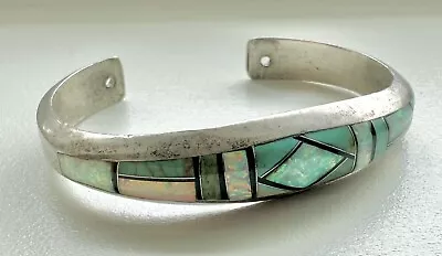 Vtg P. Sanchez Navajo Sterling Silver Turquoise & Opal Inlay Stone Cuff Bracelet • $62