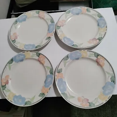 Mikasa Garden Poetry Intaglio Dinner Plates Stoneware Pink Blue Floral Set Of 4 • $26.99