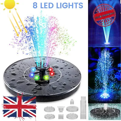 Solar Panel Powered Fountain Water Feature Pump Garden Pool Aquarium 8 LED Light • £8.29