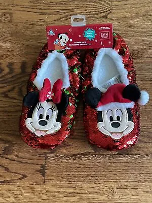 Mickey And Minnie Mouse Reversible Sequins Holiday Slippers For Adults US 9/10 • $35