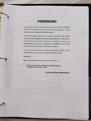 $79.97 • Buy TOYOTA 6FGCU 33 Thru 45 FORKLIFT SERVICE SHOP REPAIR MANUAL 