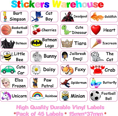 45 Personalised Vinyl Stick On Name Labels Stickers Tags School Kids Nursery D02 • £2.49