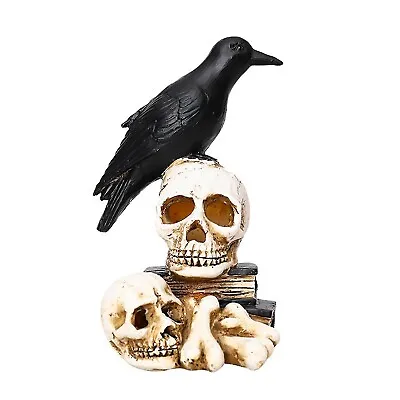Raven On Skull Lamp Crow Perching On Skull Statue For Halloween Patio Home • £11.99