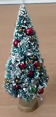 Vintage Christmas Bottle Brush Tree Glass Ornaments Tinsel Mica Snow Wood 6 Inch • $20