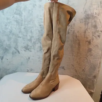 STEVE MADDEN Sock Boots Georgette Womens Sz 8.5 Beige Over The Knee Heels Soft • $27.88