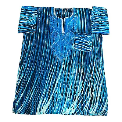 African Dashiki Shirt Men’s M Blue Batik Embroidery Split Neck Boho Artsy Summer • $34.97