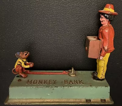 1920s ORIGINAL PAINTED CAST IRON HUBLEY MONKEY&ORGAN GRINDER BANK! RARE ORIGINAL • $499.99