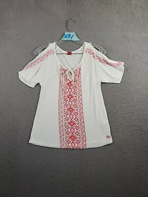 S. Oliver Shirt Womens EU 32/34 White Red Cold Shoulder Tie Vneck Short Sleeve • $10.80