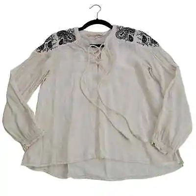 $20 • Buy Zara Basic Womens Size XS Ivory Black Paisley Embroidered Boho Peasant Blouse