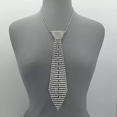 Silver Tone Based Clear Rhinestones Decorated Necktie Design Necklace • $15.99