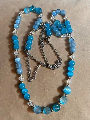 Vintage LONG Single Strand Blue Glass & Crystal Bead Necklace 40  • $9