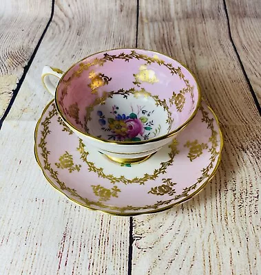 Grosvenor Lavish Gold Gilt Floral Design Pink Rose Flowers Tea Cup And Saucer • $34.99