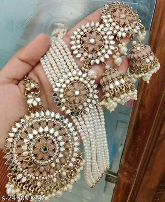 $28.99 • Buy Mirror Kundan Pearl Fashion Bollywood Bridal Choker Big Tikka & Earrings Jewelry
