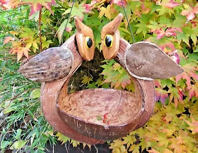 Fair Trade Hand Made Wooden Coconut Owl Bird Hanging Bird Seed Feeder Station • £999.99