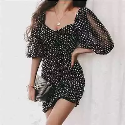 Zara Polka Dot Puff Sleeve Ruched Dress Coquette Retro Black Blogger Favorite S • $34.99