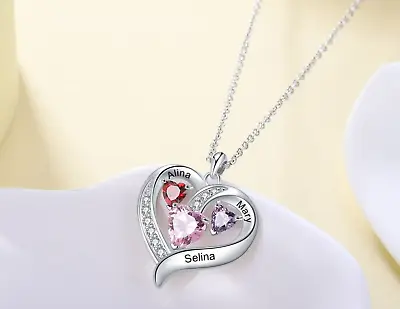 Custom Mothers Heart Necklace 3 Stone 3 Kids Name Engraved Mom Birthstone Gifts • $39.90