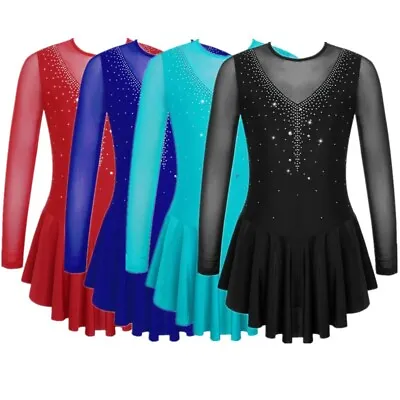 UK Girls Shiny Long Sleeve Figure Ice Skating Dress Gymnastic Leotard Dancewear • £4.99