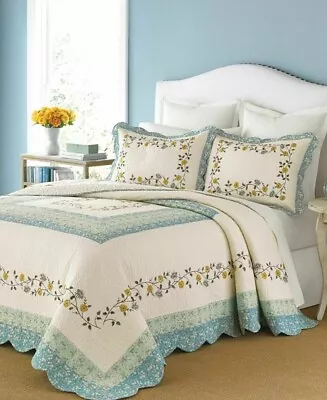 Martha Stewart Cotton Prairie House Morning Sky Bedspread Blue Quilt Cal King • $99.99