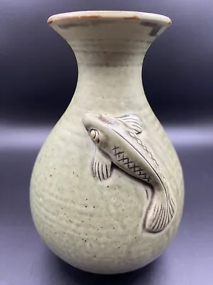 Green Art Pottery Vase With Applied Koi/Carp Fish 5.5” Made In Indonesia • $20