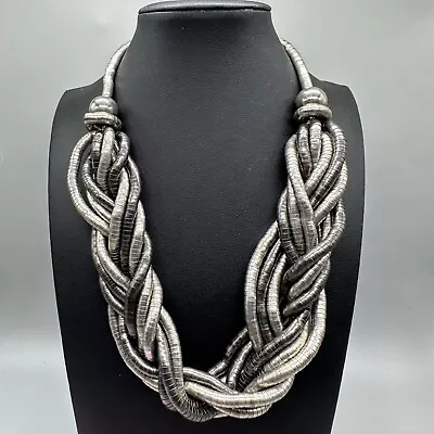 Statement Necklace Silver Tone Braided Coils Chunky Metallic Costume Jewelry 16  • $16.99