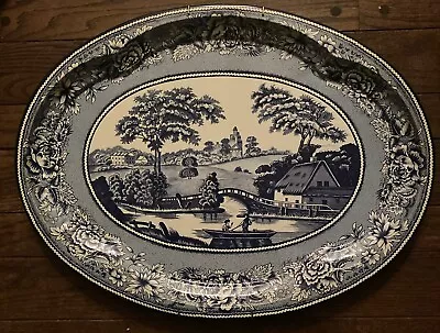 1971 DAHER Decorated Ware Outdoor Scene Tin Oval Tray 20x15 England Blue & White • $16