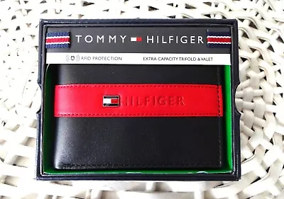£18.99 • Buy Men's Leather Wallet 'Tommy Hilfiger' Bifold, BLACK &RED, Coin Pouch, CC, RANGER