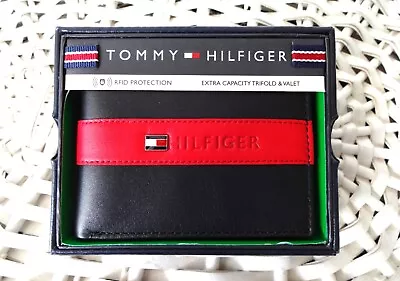 £18.99 • Buy Men's Leather Wallet 'Tommy Hilfiger' Bifold, BLACK &RED, Coin Pouch, CC, RANGER