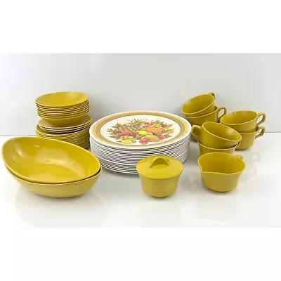 Vintage 46 PC Melamine Dishes Set Fruit Gold National Home Products 70s NHP • $49.97