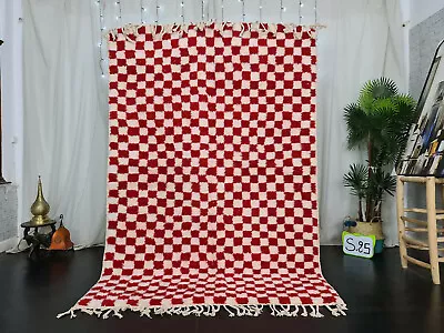 Handmade Moroccan Beni Ourain Rug 5'3 X7'9  White Red Checkered  Berber Carpet  • $510