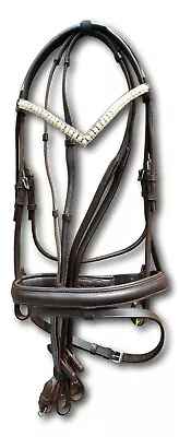 Leather Bridle Snaffle With V-Shaped  3 Row Pearl  Browband With Reins • $41.83